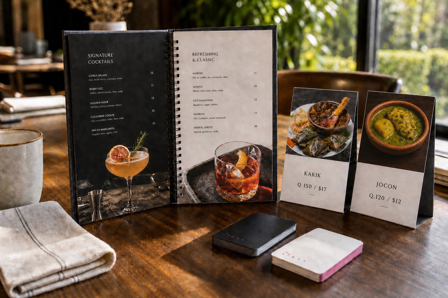 Menú de restaurante y tent cards de Kakik y Jocón impresos en full color